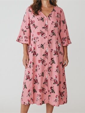Woman Within 16W Pink Floral Midi Dress NWOT Bell Sleeve